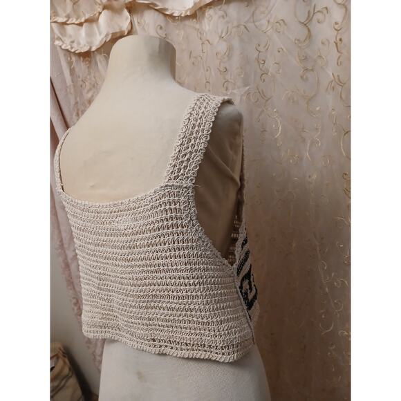 Crochet Bohemian Half Top Womens Sz L Beige Semi Sheer Cropped Festival Coquette - Picture 13 of 16